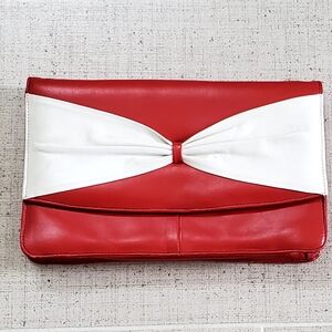 Vintage Made in Columbia Leather Red, White Bow Clutch Handbag, EUC